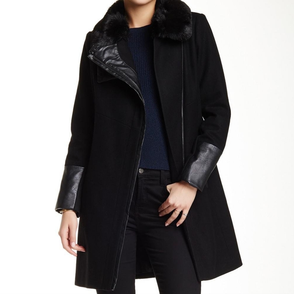 Rachel Roy Asymmetric zip leather sleeve coat small